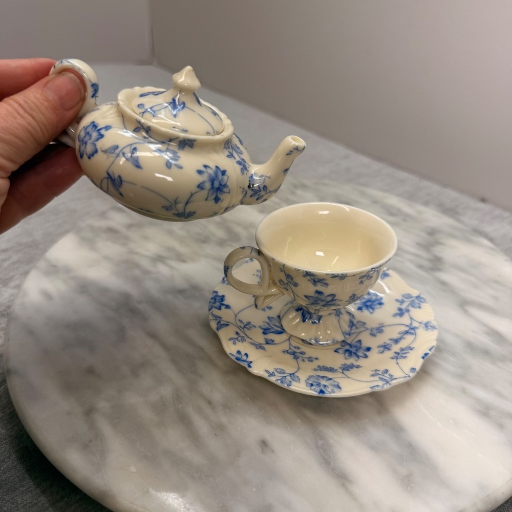 Miniature Porcelain Tea For One Set Blue Floral Stackable Teapot Cup Saucer 4pc